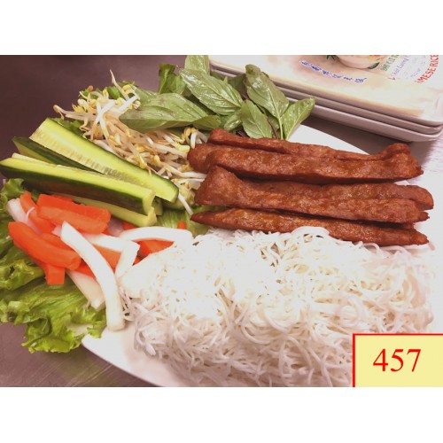 457. NEM NƯỚNG - VIETNAMESE GRILLED MEAT BALLS( SERVED WITH VERMICELLI, MINT LEAVES, SALADS & RICE PAPERS)