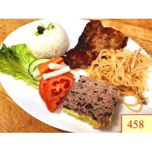 458. CƠM TẤM SƯỜN NƯỚNG , BÌ, CHẢ - GRILLED PORK CHOP, SHREDDED PORK SKIN & STEAMED EGG & PORK WITH STEAMED RICE