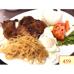 459. CƠM TẤM SƯỜN NƯỚNG , BÌ, ỐP LA - GRILLED PORK CHOP, SHREDDED PORK SKIN & FRIED EGG & PORK WITH STEAMED RICE