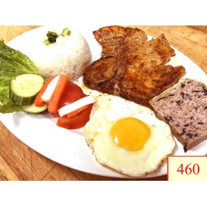 460. CƠM TẤM SƯỜN NƯỚNG, CHẢ, ỐP LA - GRILLED PORK CHOP, FRIED EGG & STEAMED EGG & PORK WITH STEAMED RICE