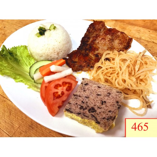 465. CƠM TẤM GÀ NƯỚNG, BÌ, CHẢ - GRILLED CHICKEN WITH LEMONGRASS, SHREDDED PORK SKIN, STEAMED EGG & PORK WITH STEAMED RICE