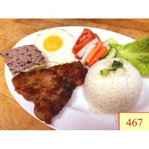 467. CƠM TẤM GÀ NƯỚNG, CHẢ TRỨNG, ỐP LA - GRILLED CHICKEN LEMONGRASS, STEAMED EGG & PORK & FRIED EGG WITH STEAMED RICE