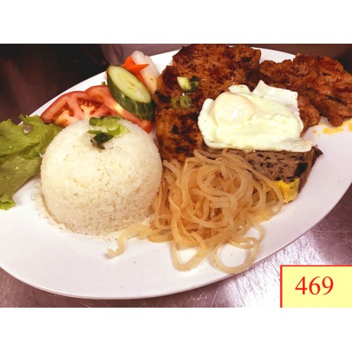 469. CƠM TẤM THẬP CẨM - GRILLED CHICKEN WITH LEMONGRASS, GRILLED PORK CHOP, SHREDDED PORK SKIN, STEAMED EGG & PORK, FRIED EGG, STEAMED RICE