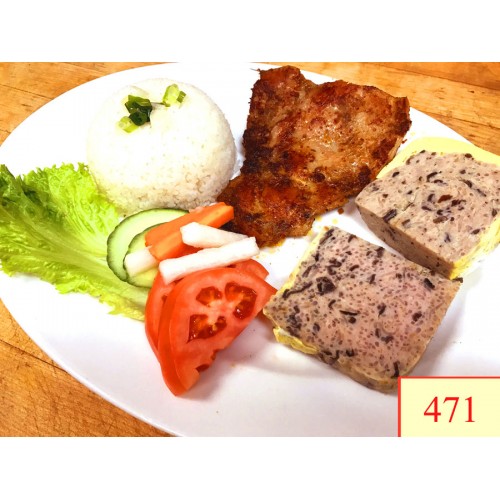 471. CƠM TẤM GÀ NƯỚNG, CHẢ - GRILLED CHICKEN LEMONGRASS, STEAMED EGG & PORK WITH STEAMED RICE