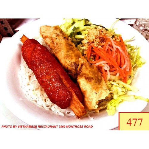 477. BÚN CHẠO TÔM, CHẢ GIÒ - VERMICELLI WITH GRILLED SHRIMP ON SUGAR CANE & SPRING ROLL( PORK & SHRIMP)