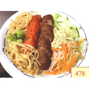 478. BÚN CHẠO TÔM, NEM NƯỚNG, BÌ - VERMICELLI WITH GRILLED SHRIMP ON SUGAR CANE, SHREDDED PORK SKIN & MEAT BALL.