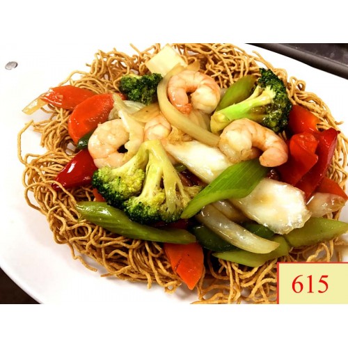 615. MÌ XÀO GIÒN TÔM RAU CẢI - CẢI - SHRIMP & VEGETABLES WITH CRISPY EGG NOODLE